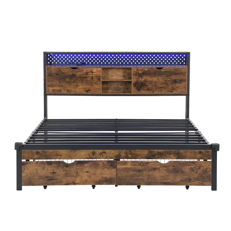 Black Brown King Size Metal Bed with Wooden Headboard and LED Lights