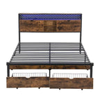 Black Brown King Size Metal Bed with Wooden Headboard and LED Lights