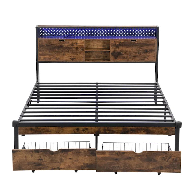 Black Brown King Size Metal Bed with Wooden Headboard and LED Lights