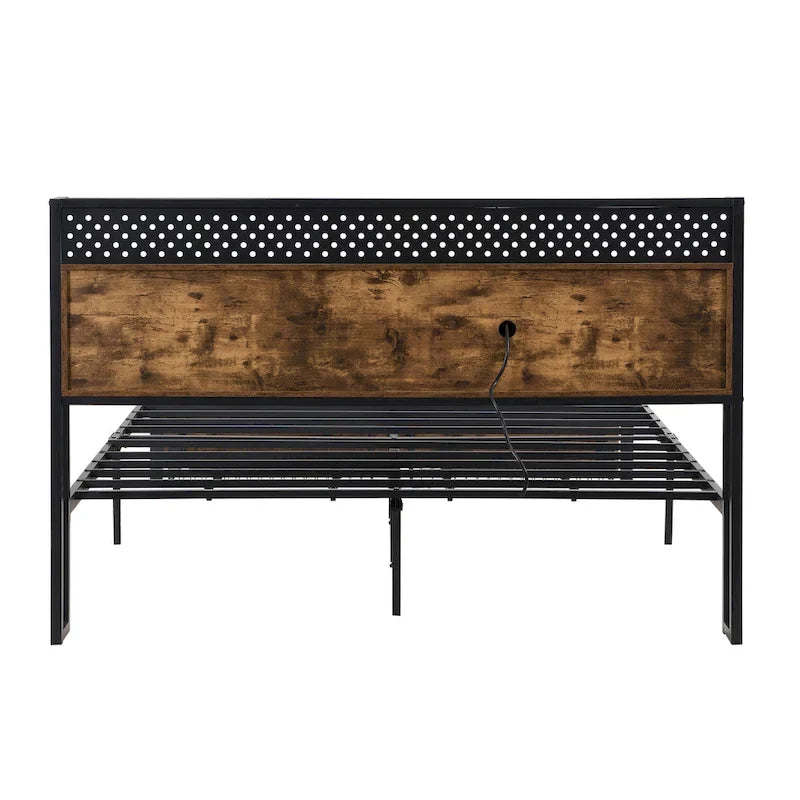 Black Brown King Size Metal Bed with Wooden Headboard and LED Lights