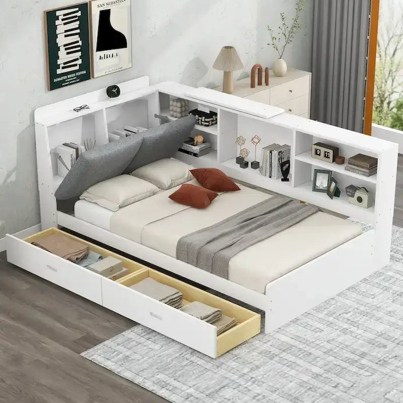 King Size Upholstered Bed with Storage Headboard and Trundle