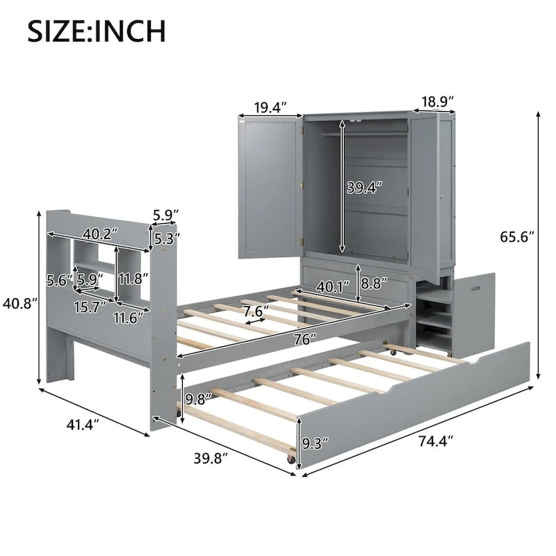 Twin Platform Bed with Storage Headboard, Pull-Out Shelves, and Trundle