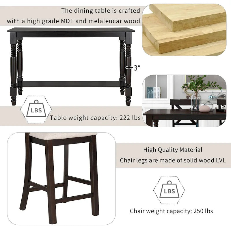 Espresso 6-Piece Counter Height Wooden Dining Table Set with 4 Chairs & Bench