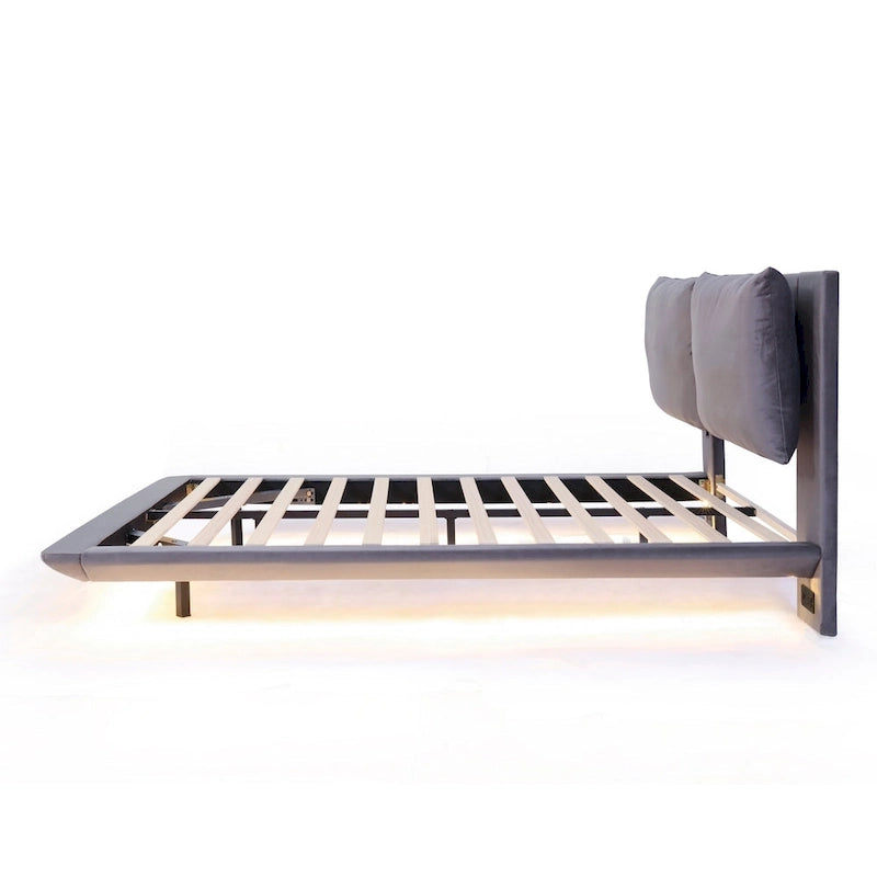 Queen Velvet Floating Platform Bed with Sensor Light