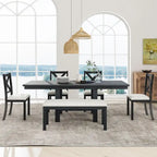 Black 6-Piece Wooden Dining Table Set with Extendable Table & 4 Chairs & Bench