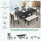 Black 6-Piece Wooden Dining Table Set with Extendable Table & 4 Chairs & Bench