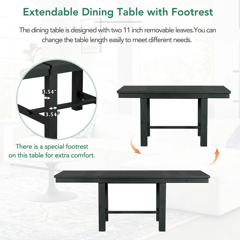 Black 6-Piece Wooden Dining Table Set with Extendable Table & 4 Chairs & Bench