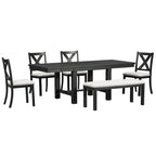Black 6-Piece Wooden Dining Table Set with Extendable Table & 4 Chairs & Bench