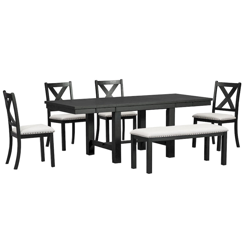Black 6-Piece Wooden Dining Table Set with Extendable Table & 4 Chairs & Bench
