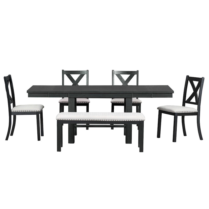 Black 6-Piece Wooden Dining Table Set with Extendable Table & 4 Chairs & Bench