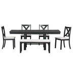 Black 6-Piece Wooden Dining Table Set with Extendable Table & 4 Chairs & Bench