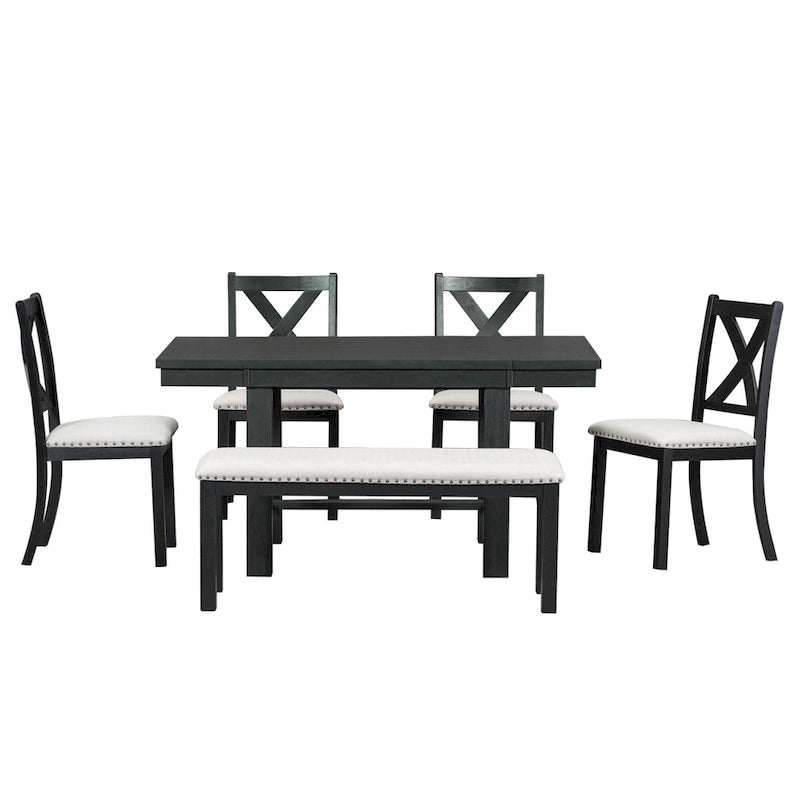 Black 6-Piece Wooden Dining Table Set with Extendable Table & 4 Chairs & Bench