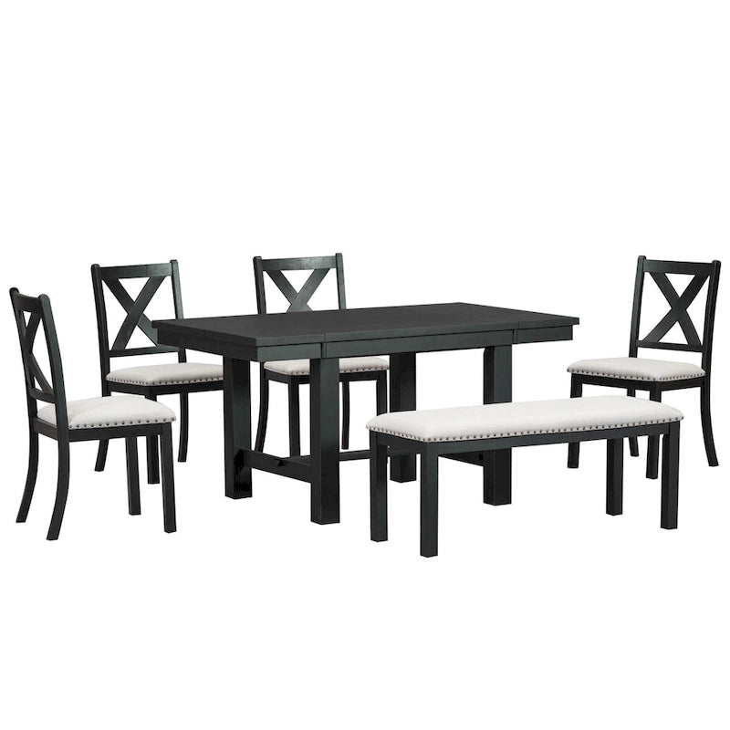 Black 6-Piece Wooden Dining Table Set with Extendable Table & 4 Chairs & Bench