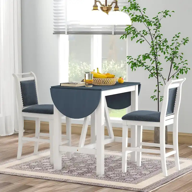 Rustic Style Wooden 3-Piece Dining Table Set with Drop Leaf and 2 Upholstered Dining Chairs