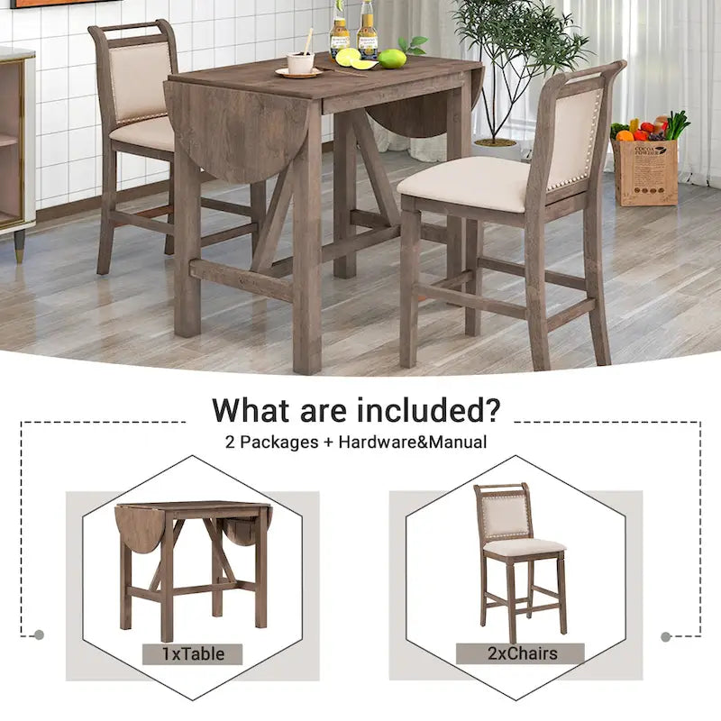 Rustic Style Wooden 3-Piece Dining Table Set with Drop Leaf and 2 Upholstered Dining Chairs