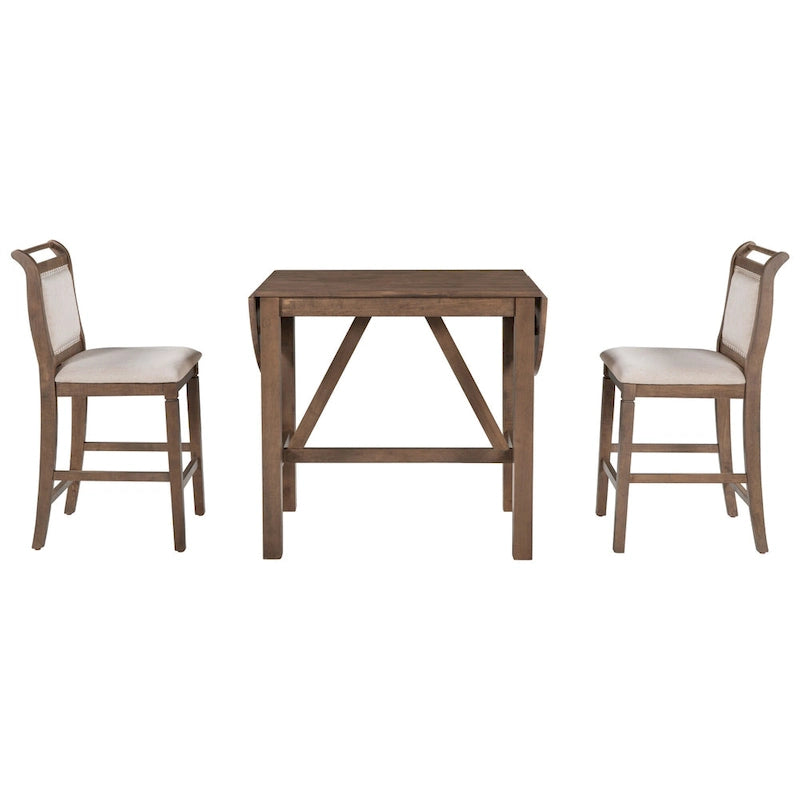 Rustic Style Wooden 3-Piece Dining Table Set with Drop Leaf and 2 Upholstered Dining Chairs