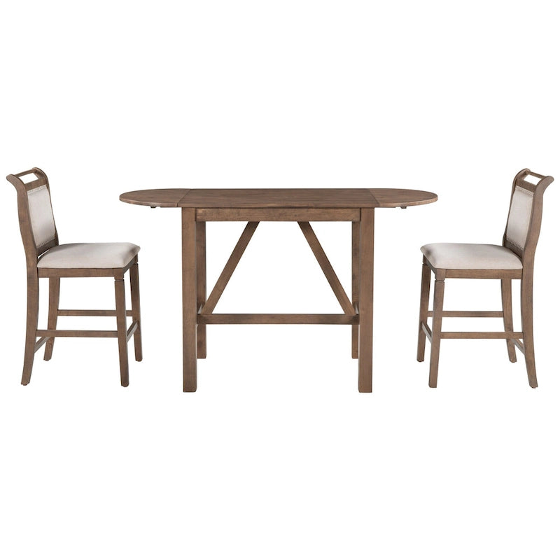 Rustic Style Wooden 3-Piece Dining Table Set with Drop Leaf and 2 Upholstered Dining Chairs