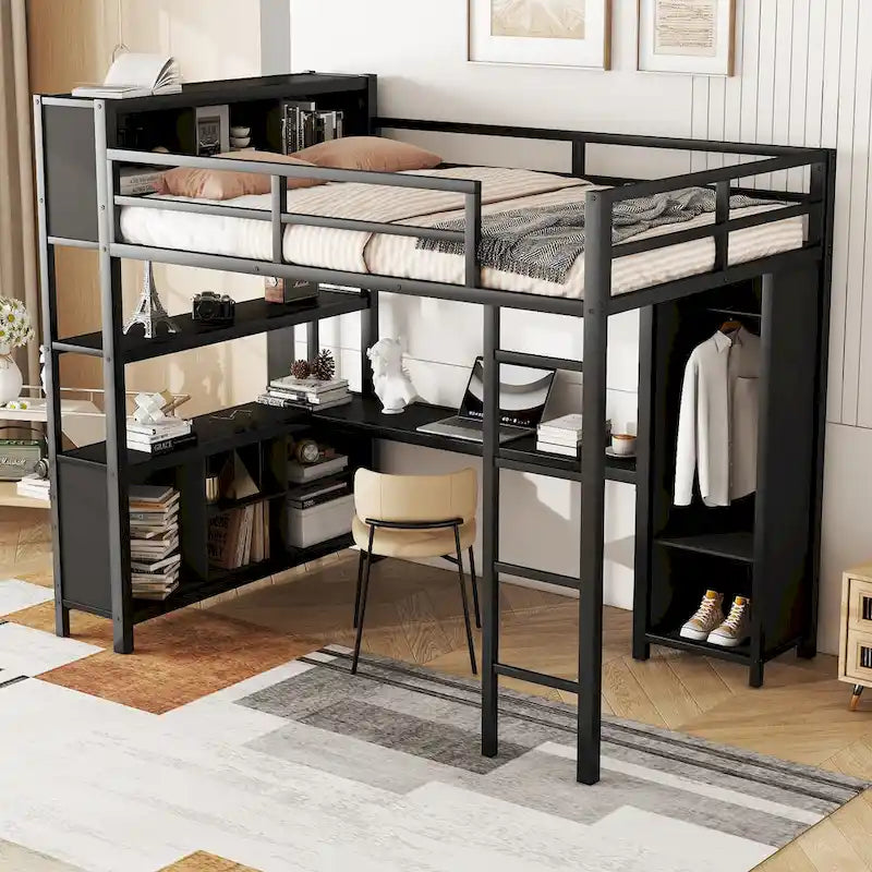 Full Metal Loft Bed with Wardrobe & Desk