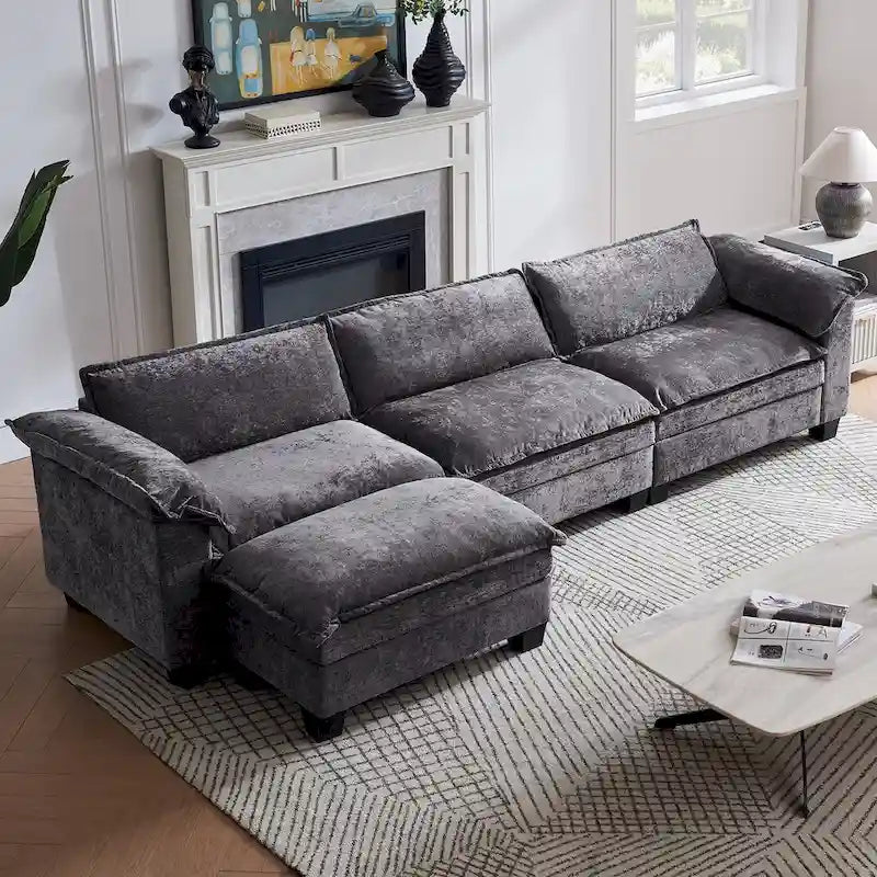 120 Chenille L-Shaped Modular Sofa with Ottoman, Sleeper Design