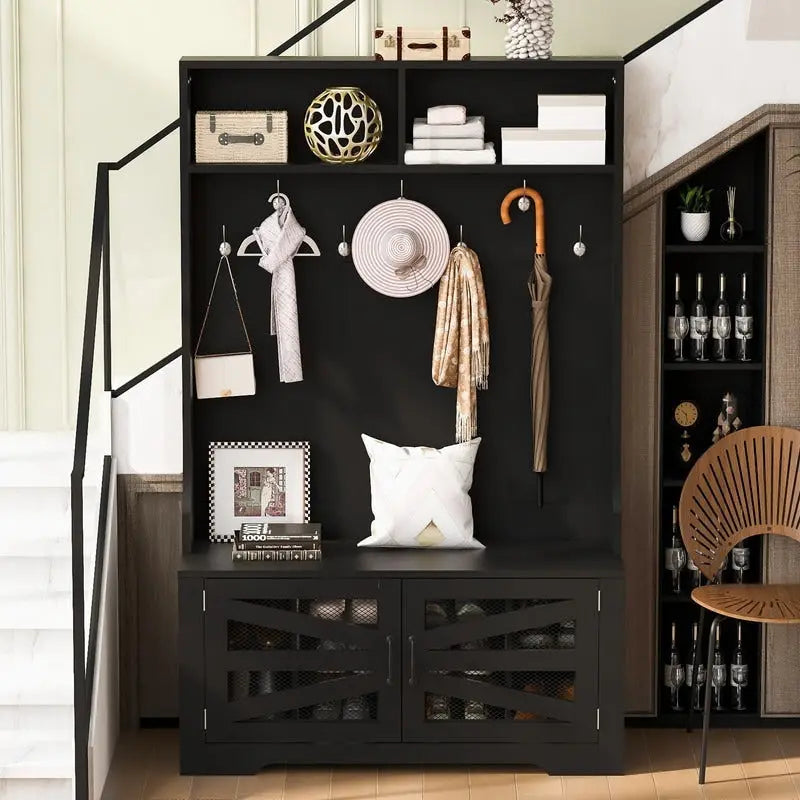 Wide Hall Tree with 10 Shoe Cubbies & 7 Coat Hooks, 43 W Coat Rack with Entryway Bench, 3-in-1 Design and Adjustable Shelves