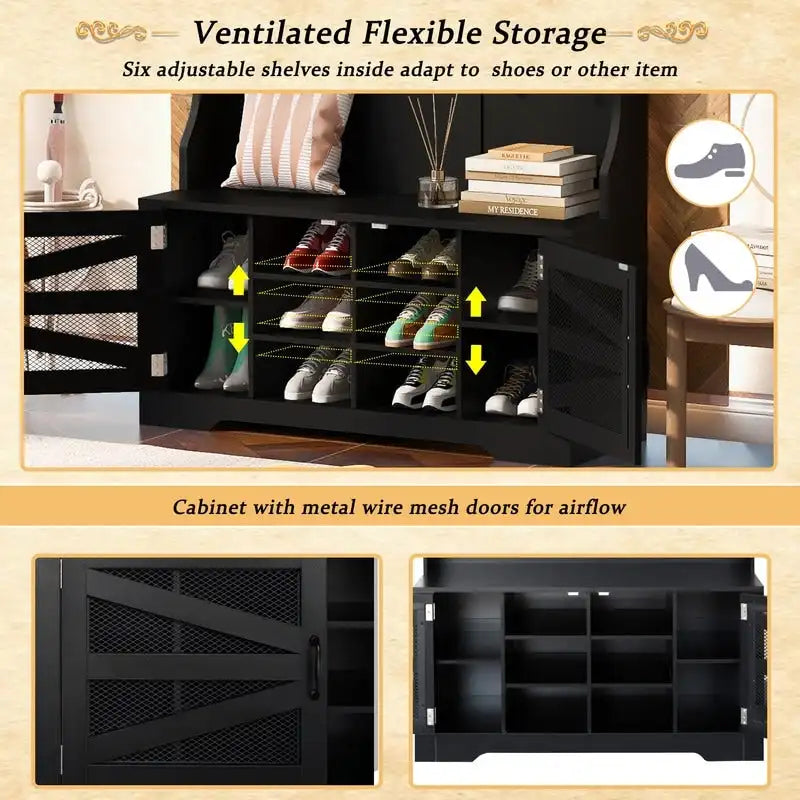 Wide Hall Tree with 10 Shoe Cubbies & 7 Coat Hooks, 43 W Coat Rack with Entryway Bench, 3-in-1 Design and Adjustable Shelves