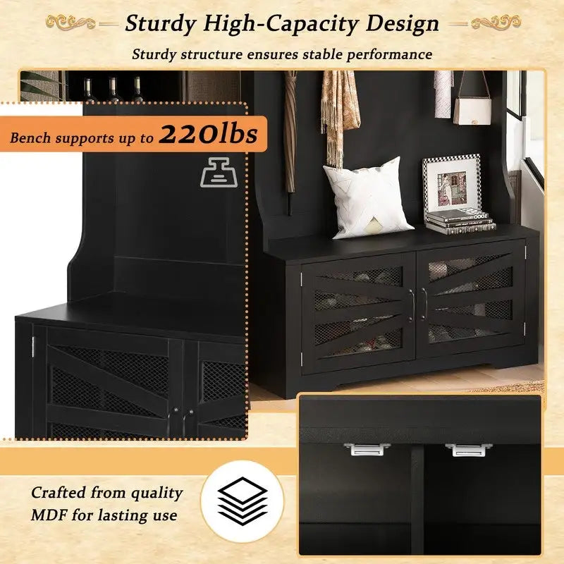 Wide Hall Tree with 10 Shoe Cubbies & 7 Coat Hooks, 43 W Coat Rack with Entryway Bench, 3-in-1 Design and Adjustable Shelves