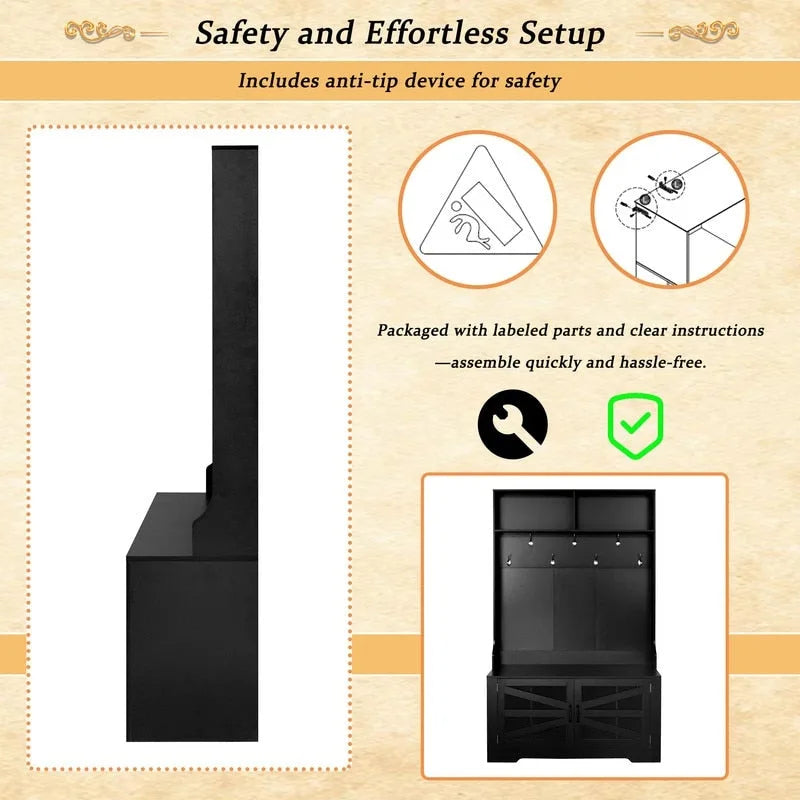 Wide Hall Tree with 10 Shoe Cubbies & 7 Coat Hooks, 43 W Coat Rack with Entryway Bench, 3-in-1 Design and Adjustable Shelves