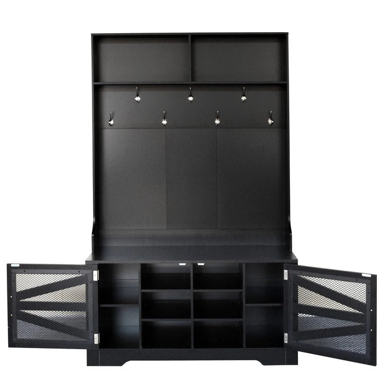 Wide Hall Tree with 10 Shoe Cubbies & 7 Coat Hooks, 43 W Coat Rack with Entryway Bench, 3-in-1 Design and Adjustable Shelves