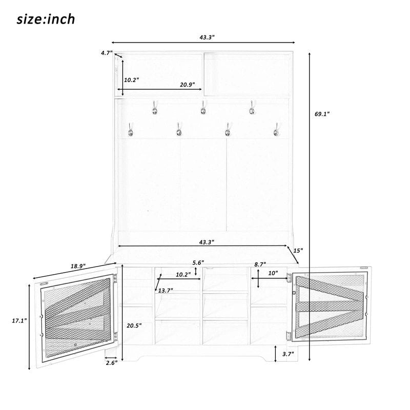 Wide Hall Tree with 10 Shoe Cubbies & 7 Coat Hooks, 43 W Coat Rack with Entryway Bench, 3-in-1 Design and Adjustable Shelves