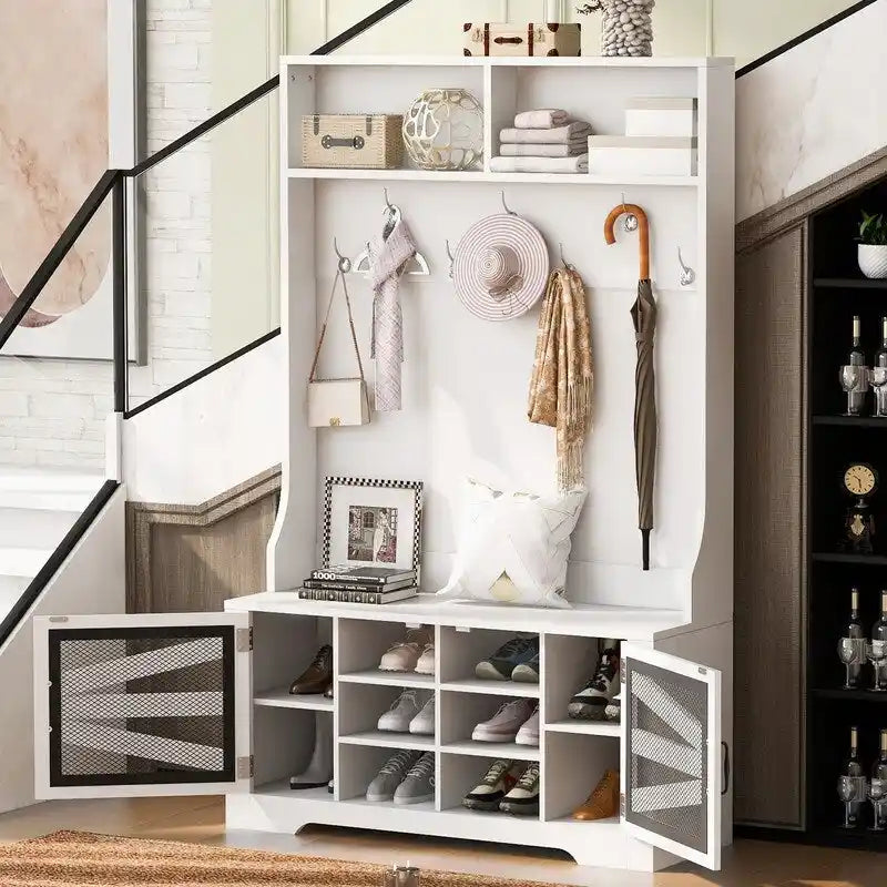 Wide Hall Tree with 10 Shoe Cubbies & 7 Coat Hooks, 43 W Coat Rack with Entryway Bench, 3-in-1 Design and Adjustable Shelves