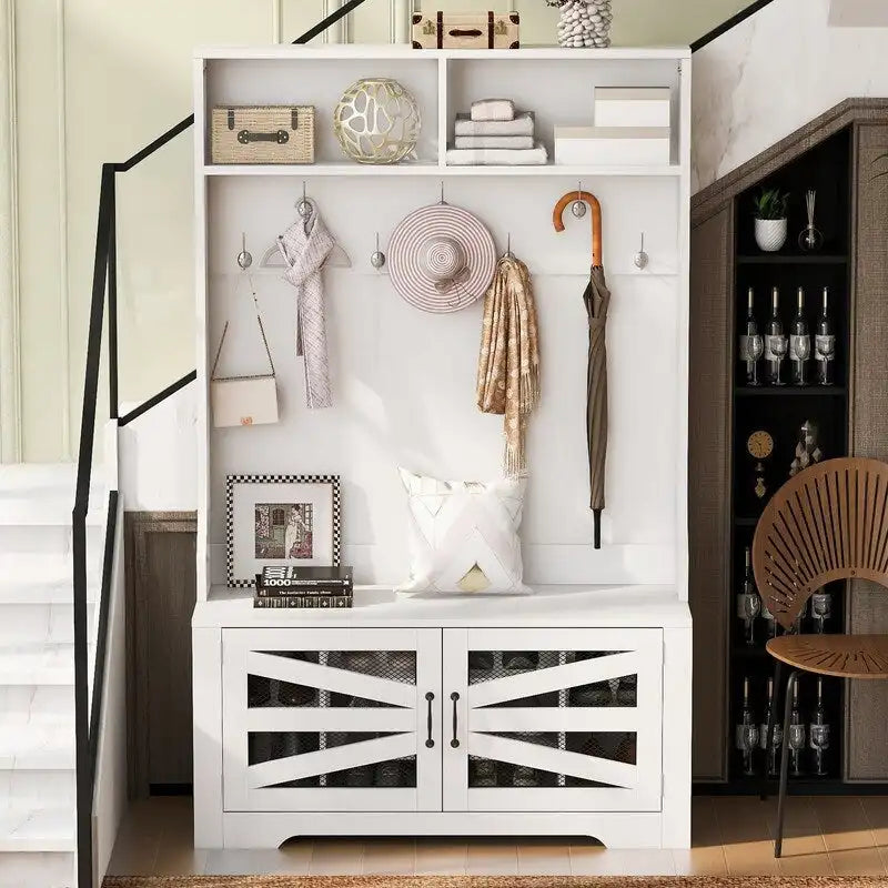 Wide Hall Tree with 10 Shoe Cubbies & 7 Coat Hooks, 43 W Coat Rack with Entryway Bench, 3-in-1 Design and Adjustable Shelves