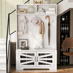 Wide Hall Tree with 10 Shoe Cubbies & 7 Coat Hooks, 43 W Coat Rack with Entryway Bench, 3-in-1 Design and Adjustable Shelves