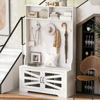 Wide Hall Tree with 10 Shoe Cubbies & 7 Coat Hooks, 43 W Coat Rack with Entryway Bench, 3-in-1 Design and Adjustable Shelves