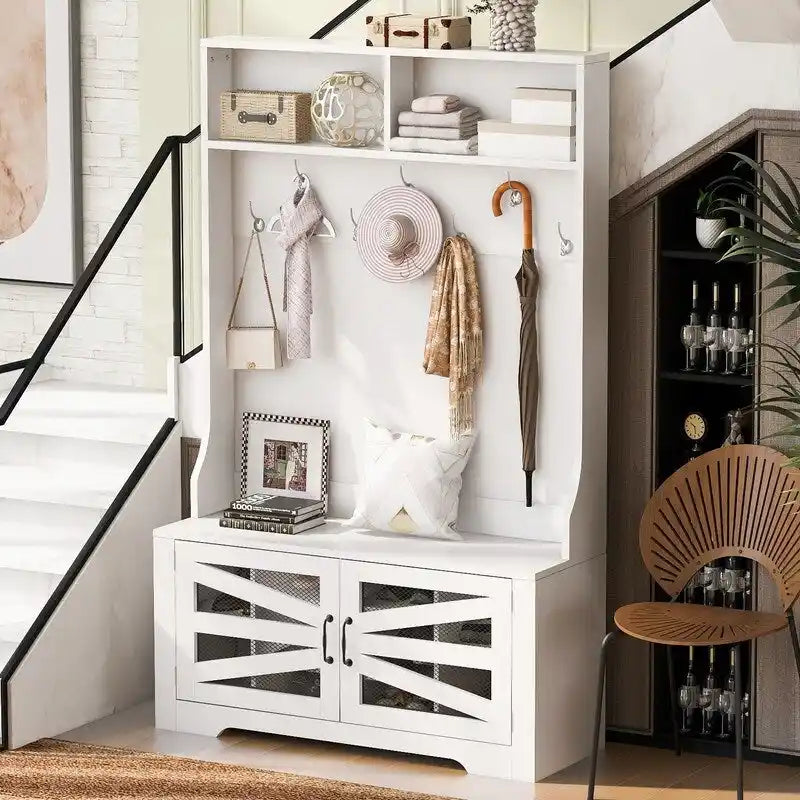 Wide Hall Tree with 10 Shoe Cubbies & 7 Coat Hooks, 43 W Coat Rack with Entryway Bench, 3-in-1 Design and Adjustable Shelves