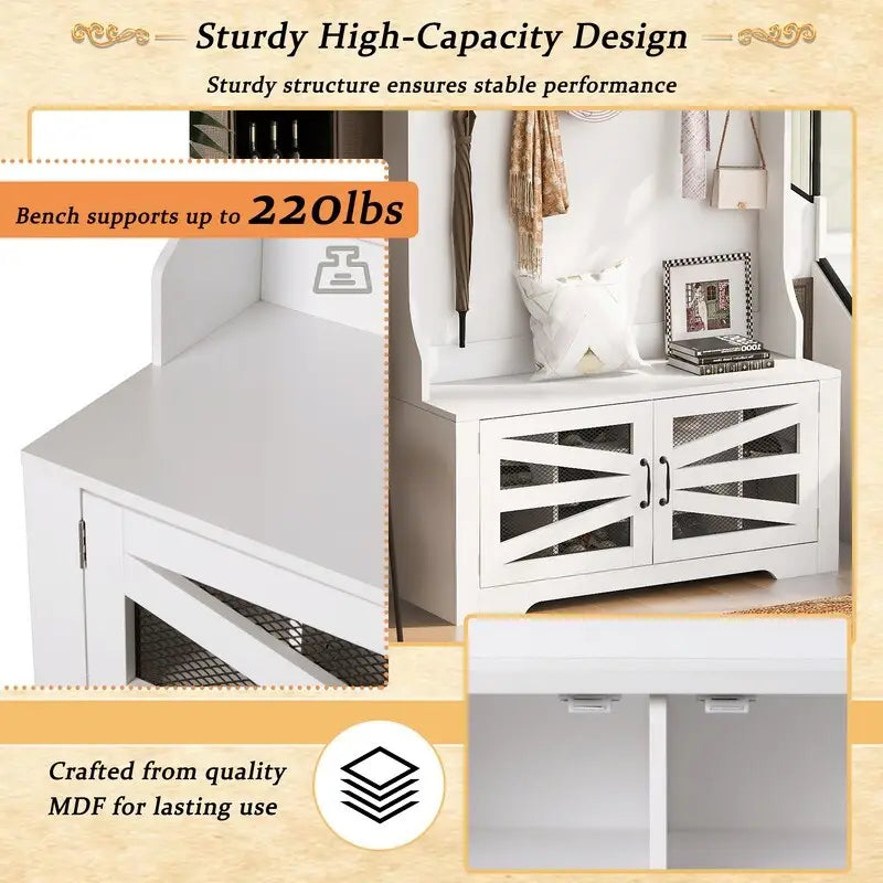 Wide Hall Tree with 10 Shoe Cubbies & 7 Coat Hooks, 43 W Coat Rack with Entryway Bench, 3-in-1 Design and Adjustable Shelves