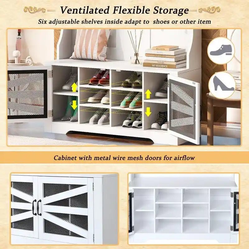 Wide Hall Tree with 10 Shoe Cubbies & 7 Coat Hooks, 43 W Coat Rack with Entryway Bench, 3-in-1 Design and Adjustable Shelves