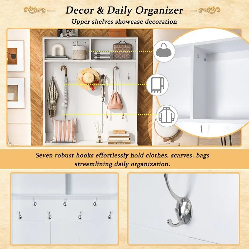 Wide Hall Tree with 10 Shoe Cubbies & 7 Coat Hooks, 43 W Coat Rack with Entryway Bench, 3-in-1 Design and Adjustable Shelves