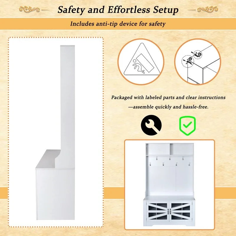 Wide Hall Tree with 10 Shoe Cubbies & 7 Coat Hooks, 43 W Coat Rack with Entryway Bench, 3-in-1 Design and Adjustable Shelves