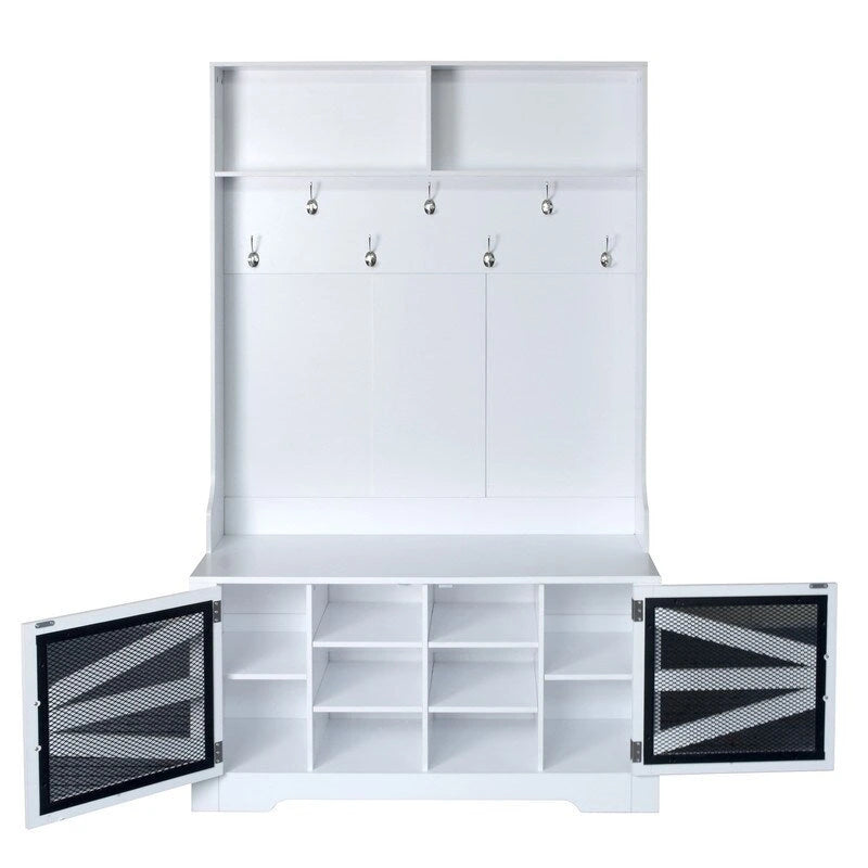 Wide Hall Tree with 10 Shoe Cubbies & 7 Coat Hooks, 43 W Coat Rack with Entryway Bench, 3-in-1 Design and Adjustable Shelves