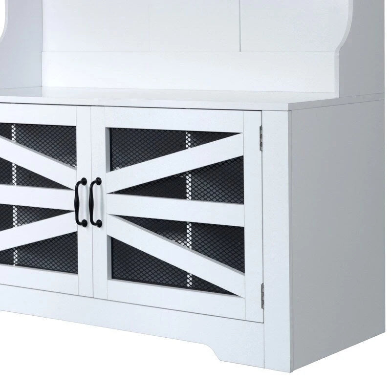 Wide Hall Tree with 10 Shoe Cubbies & 7 Coat Hooks, 43 W Coat Rack with Entryway Bench, 3-in-1 Design and Adjustable Shelves