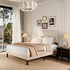 Full / Queen / King Bed Frame with Headboard, Upholstered Platform Bed with Sturdy Wooden Slats