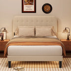Full / Queen / King Bed Frame with Headboard, Upholstered Platform Bed with Sturdy Wooden Slats