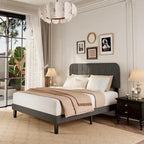 Full / Queen / King Bed Frame with Headboard, Upholstered Platform Bed with Sturdy Wooden Slats
