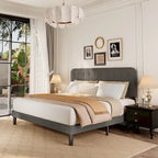 Full / Queen / King Bed Frame with Headboard, Upholstered Platform Bed with Sturdy Wooden Slats