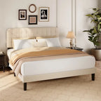 Full / Queen / King Bed Frame with Headboard, Upholstered Platform Bed with Sturdy Wooden Slats