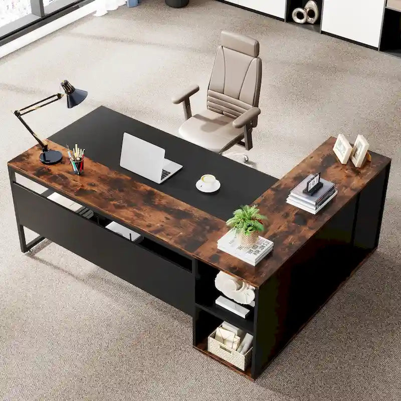 71 inch Executive Desk, L Shaped Desk with Cabinet and Shelves for Home Office