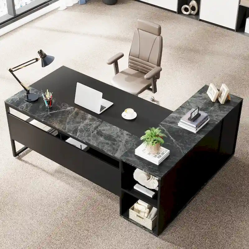 71 inch Executive Desk, L Shaped Desk with Cabinet and Shelves for Home Office