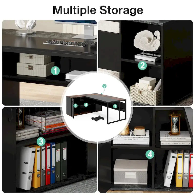 71 inch Executive Desk, L Shaped Desk with Cabinet and Shelves for Home Office