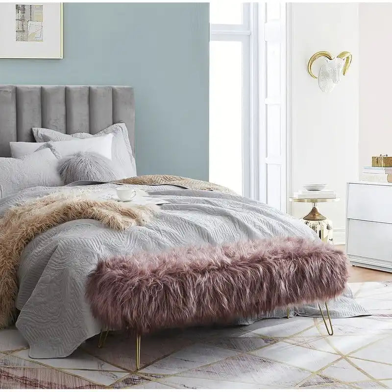 Silver Orchid Nilsson Contemporary Modern Faux Fur Long Bench Ottoman