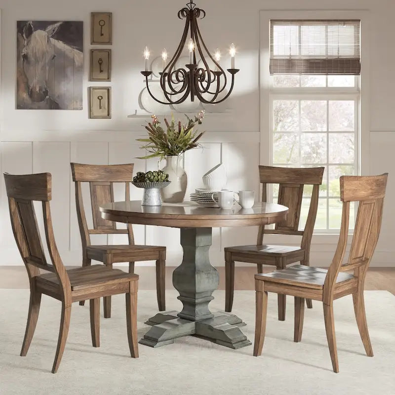 Eleanor Sage Green Round Solid Wood Top Panel Back 5-piece Dining Set by iNSPIRE Q Classic